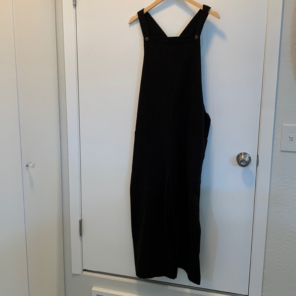 World Market black cropped overalls with front patch pockets